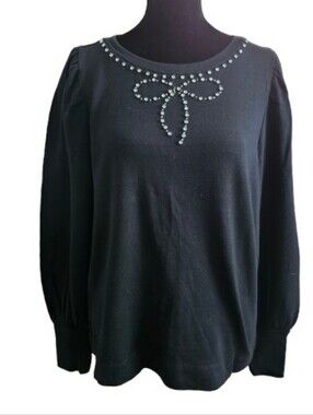 LOFT Black Sparkle Bow Swearshirt With Slightly Puffed Sleeves